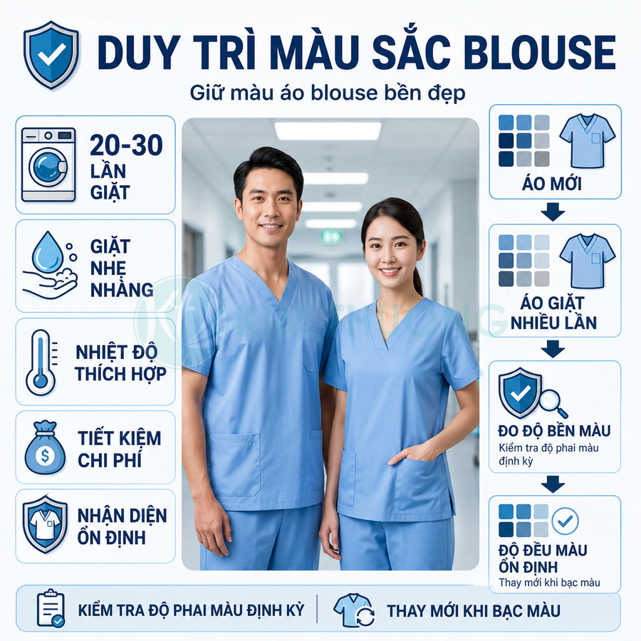 Hai nhân viên y tế mặc áo blouse xanh đứng trong bệnh viện, minh họa hướng dẫn giữ màu áo bền đẹp